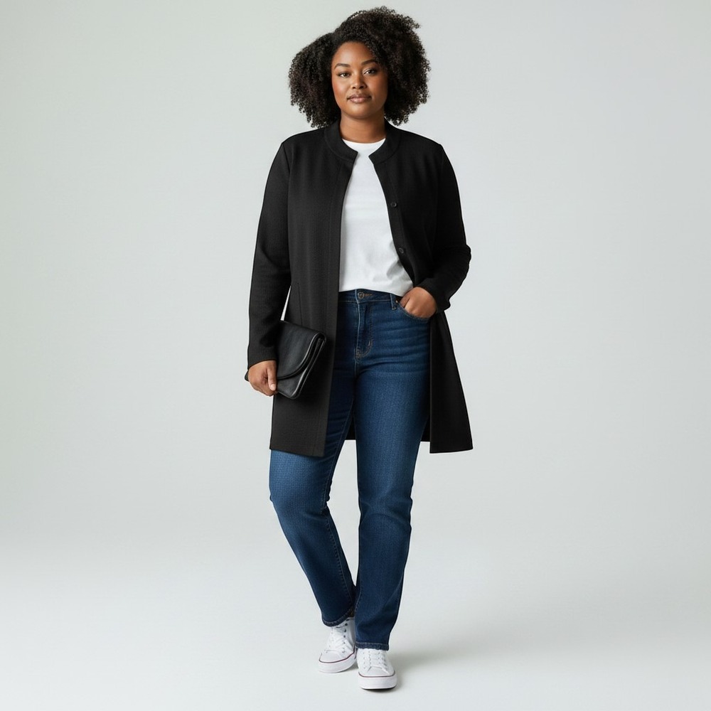 Eileen Fisher Black Waffle Weave Snap Front Jacket Stand Collar Size L NWT